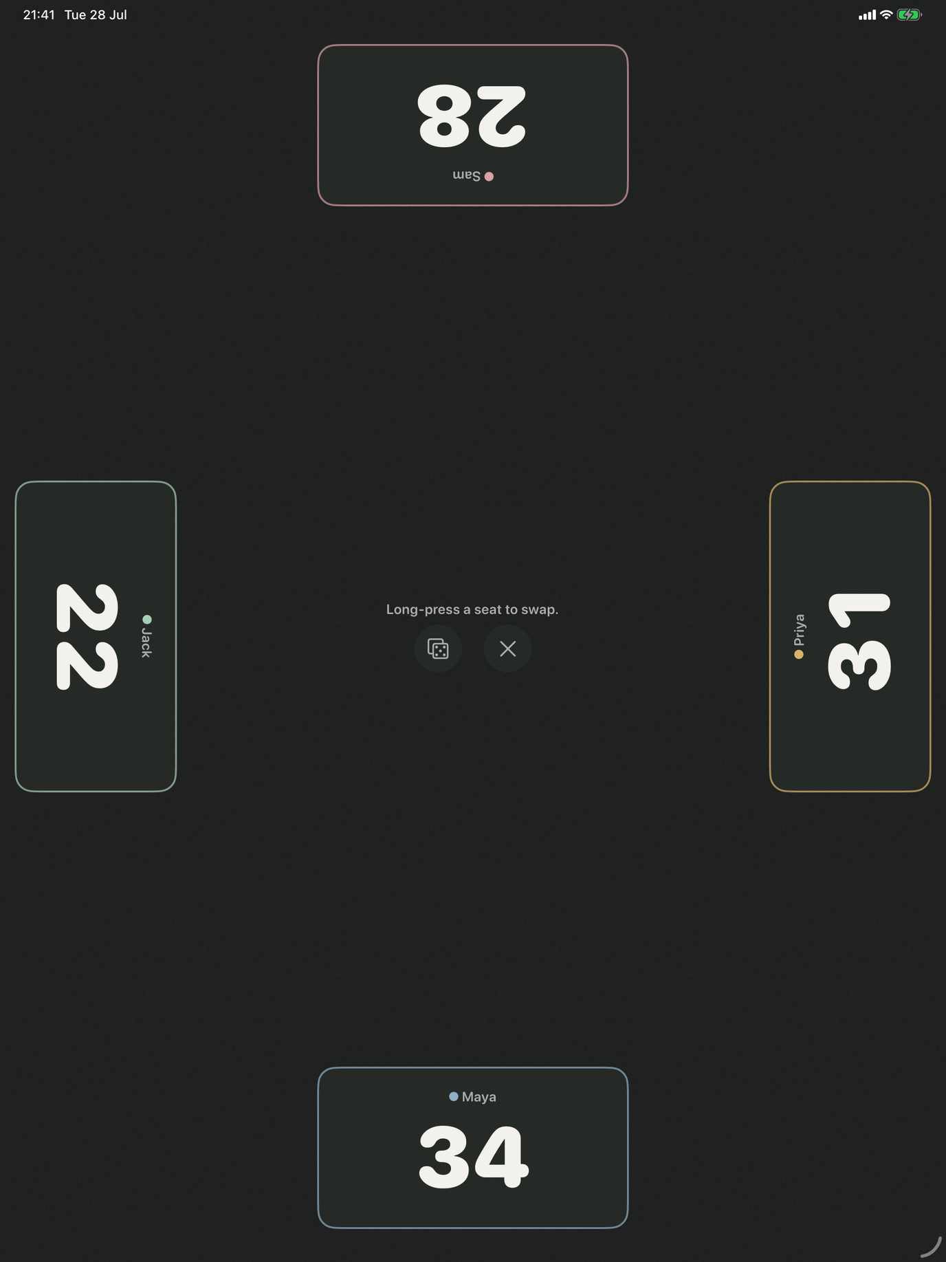 Table Mode on iPad with four player panels rotated around the screen edges