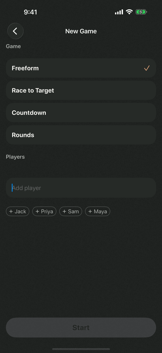 New Game screen with template list and remembered players