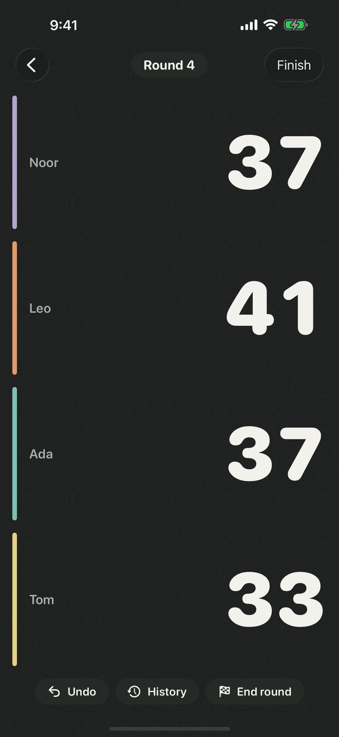 Rounds scoreboard on iPhone with four players and running totals
