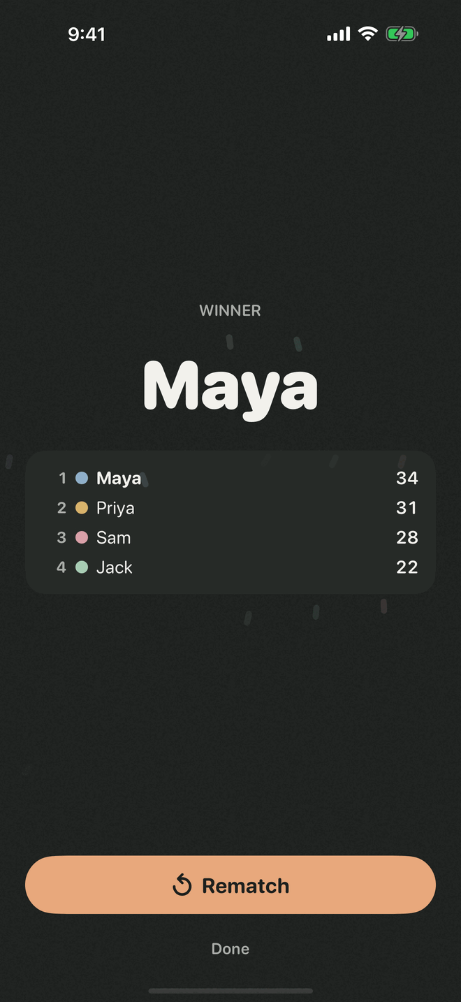 Winner screen with final placements and a rematch button