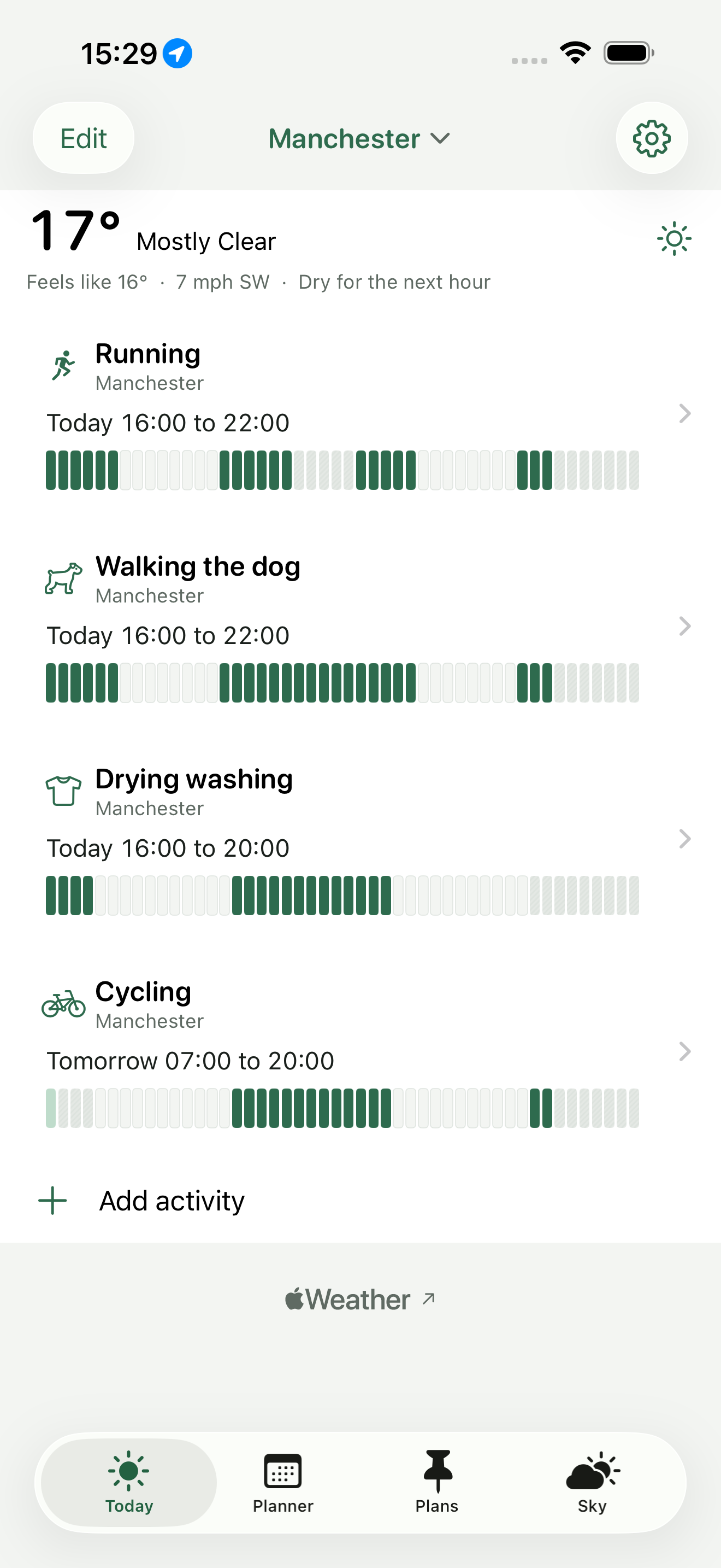 The Today tab: current conditions for Manchester, then Running, Walking the dog, Drying washing and Cycling, each with its next window and a strip of the next 48 hours