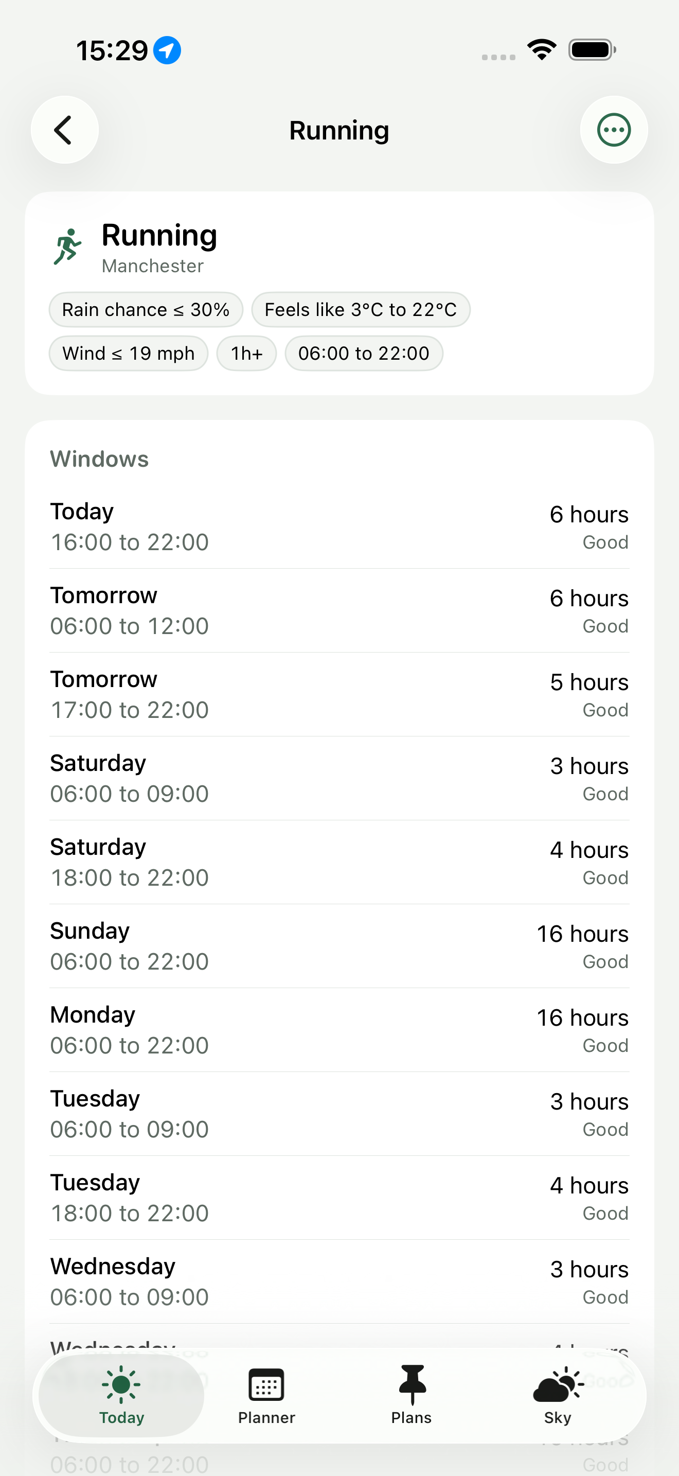An activity: Running, with its rules shown as chips - rain chance at most 30 per cent, feels like 3 to 22 degrees, wind at most 19 mph, one hour or more, 06:00 to 22:00 - and every window over the ten days with its length and quality