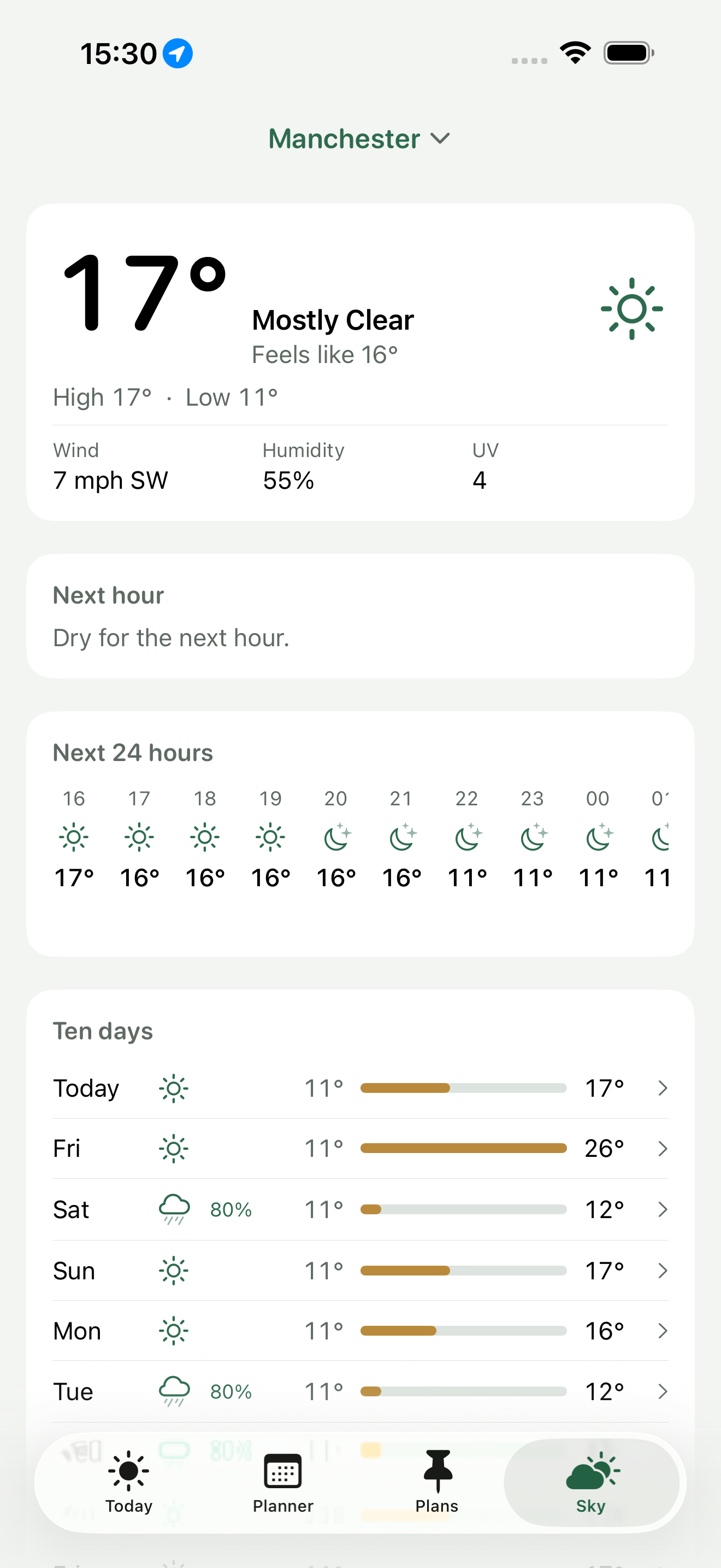 The Sky tab: current conditions, the next hour of rain, the next 24 hours and the ten-day forecast
