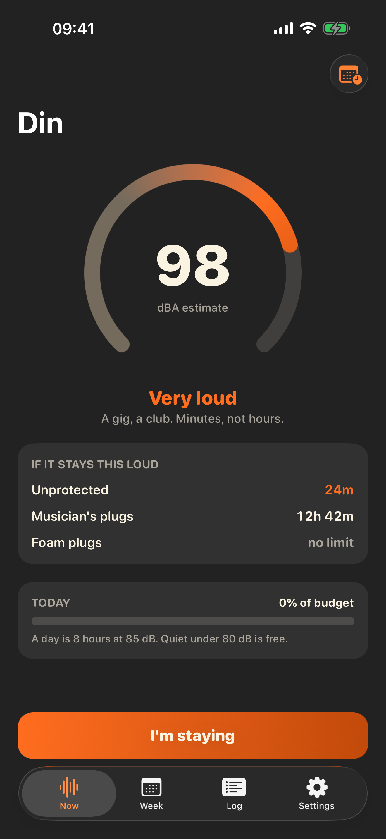 Din's meter reading 98 dBA, Very loud - a gig, a club, minutes not hours - with the safe-time table: unprotected 24 minutes, musician's plugs 12h 42m, foam plugs no limit, above today's budget bar and an I'm staying button