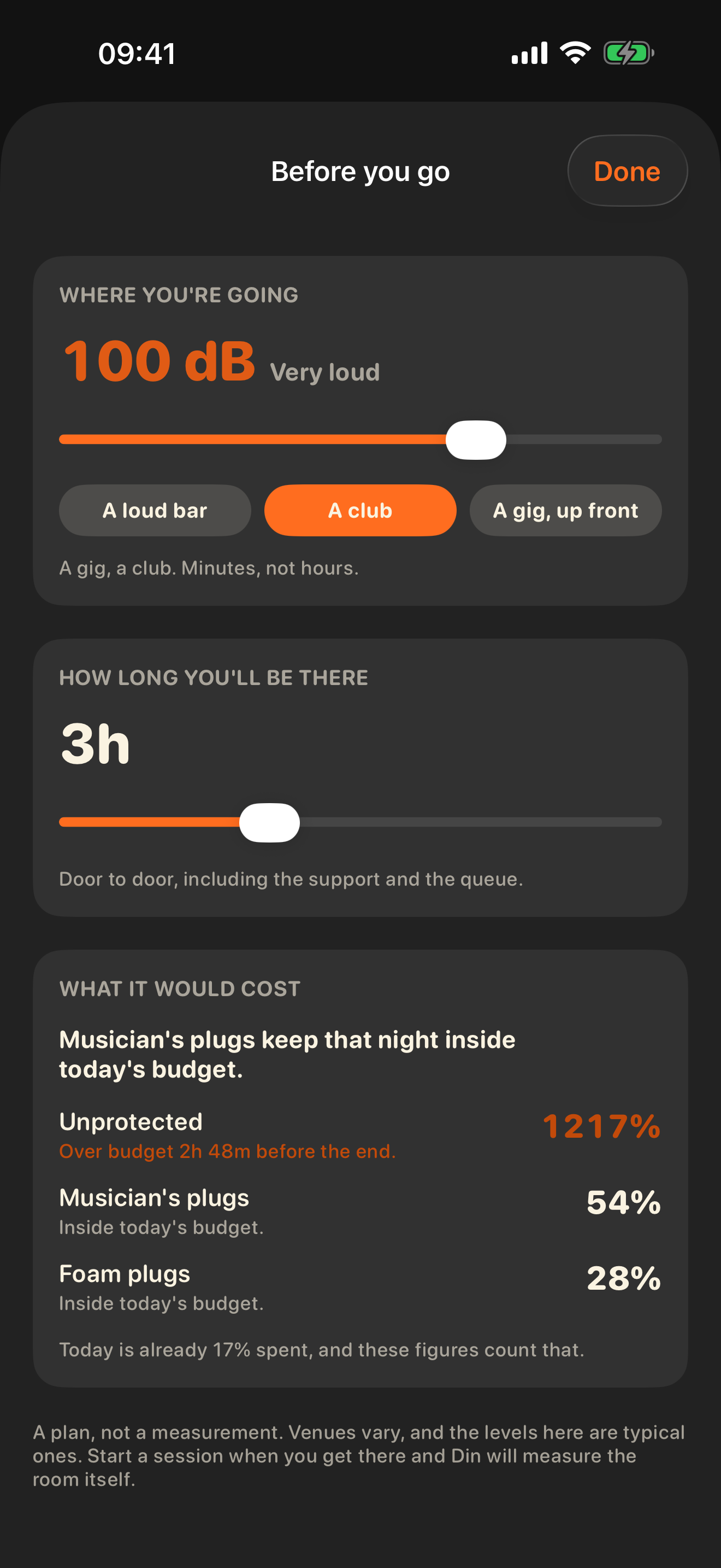 The Before you go planner: a club at 100 dB for three hours, costed against a day already 17 per cent spent - unprotected 1217 per cent and over budget 2h 48m before the end, musician's plugs 54 per cent, foam plugs 28 per cent, with musician's plugs named as enough
