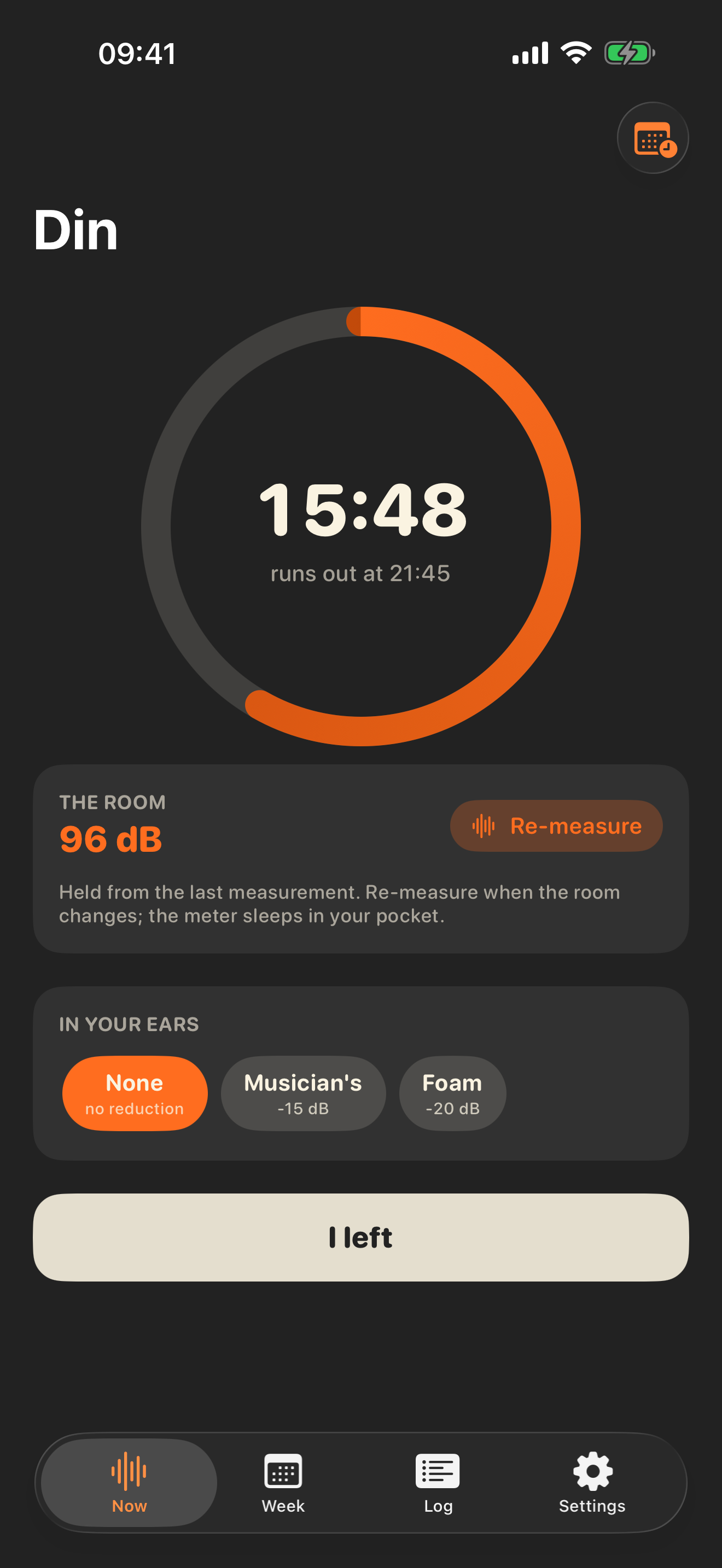 A running session: 15:48 left, runs out at 21:45, a ring showing most of the budget spent, the room held at 96 dB with a Re-measure button, a row of protection chips with None selected, and an I left button