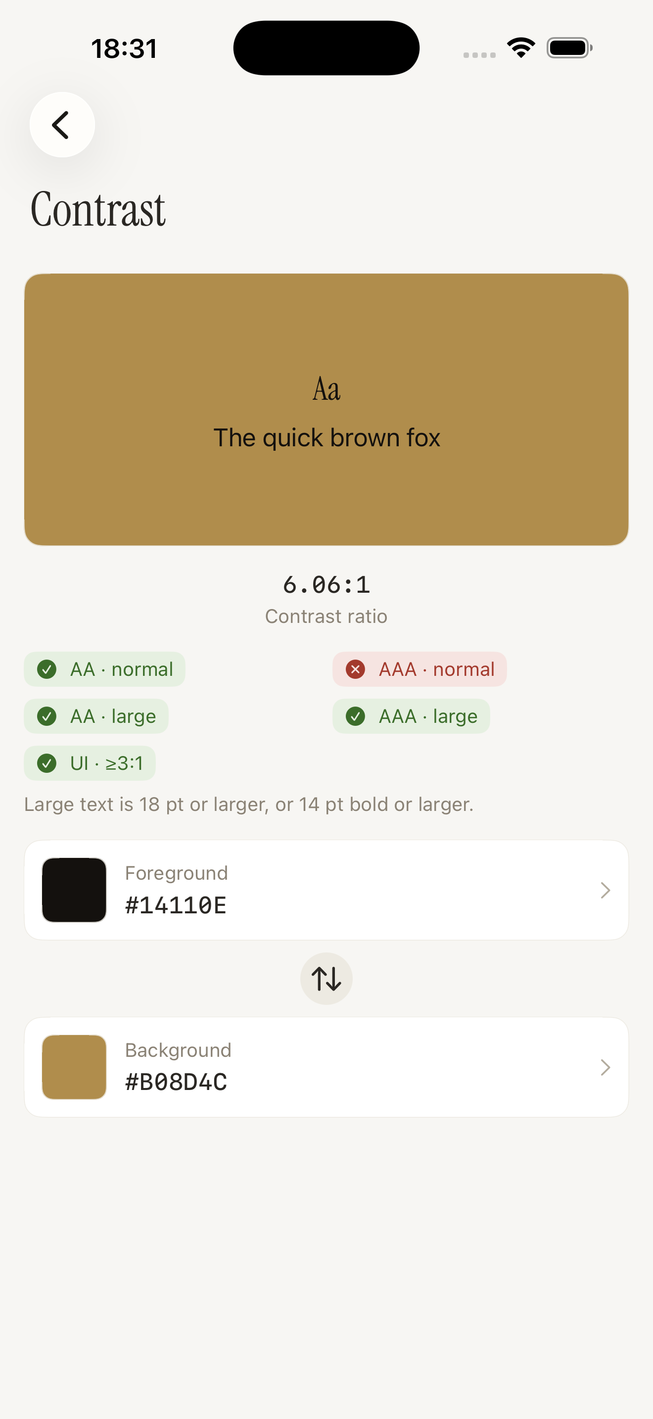 Contrast checker showing WCAG pass and fail verdicts