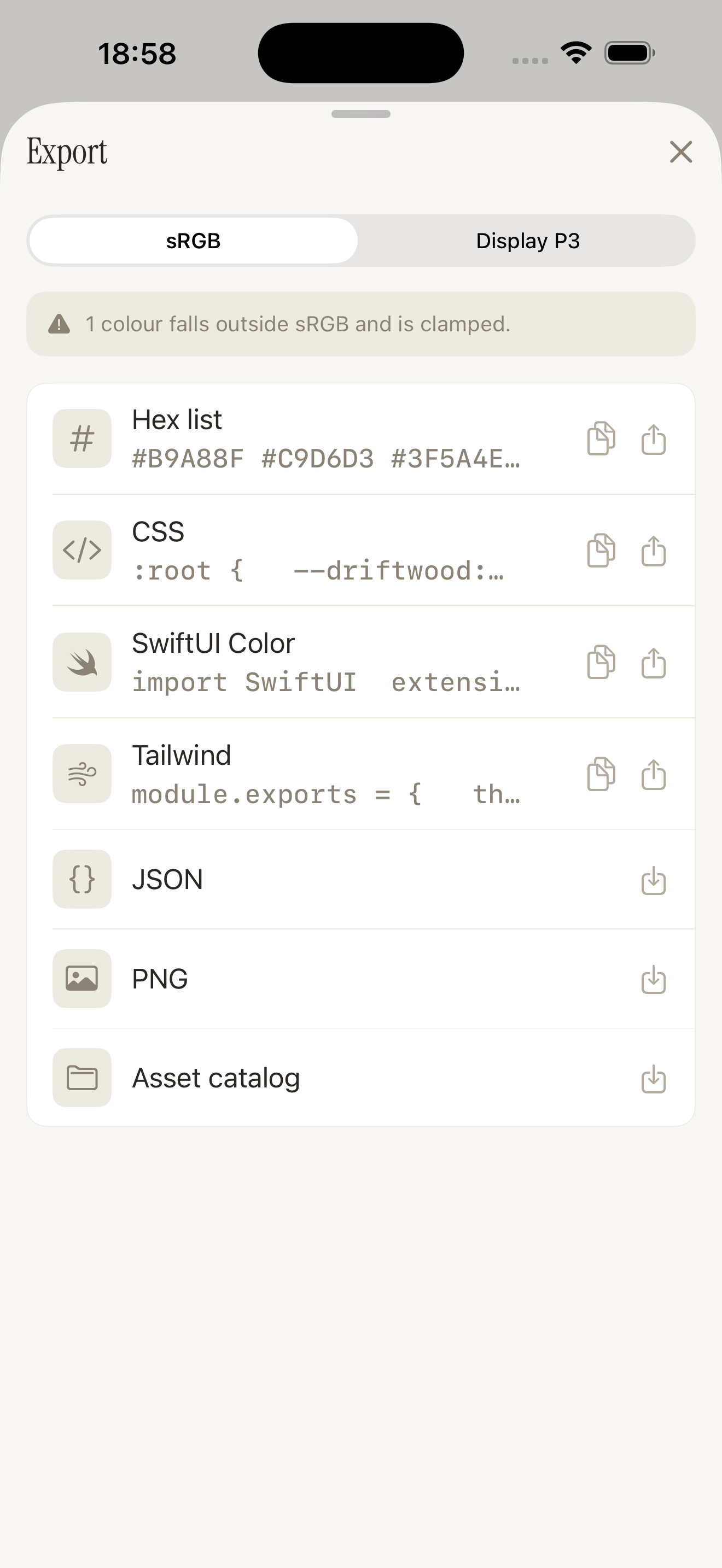 Export sheet with hex, CSS, SwiftUI, Tailwind, JSON and PNG formats