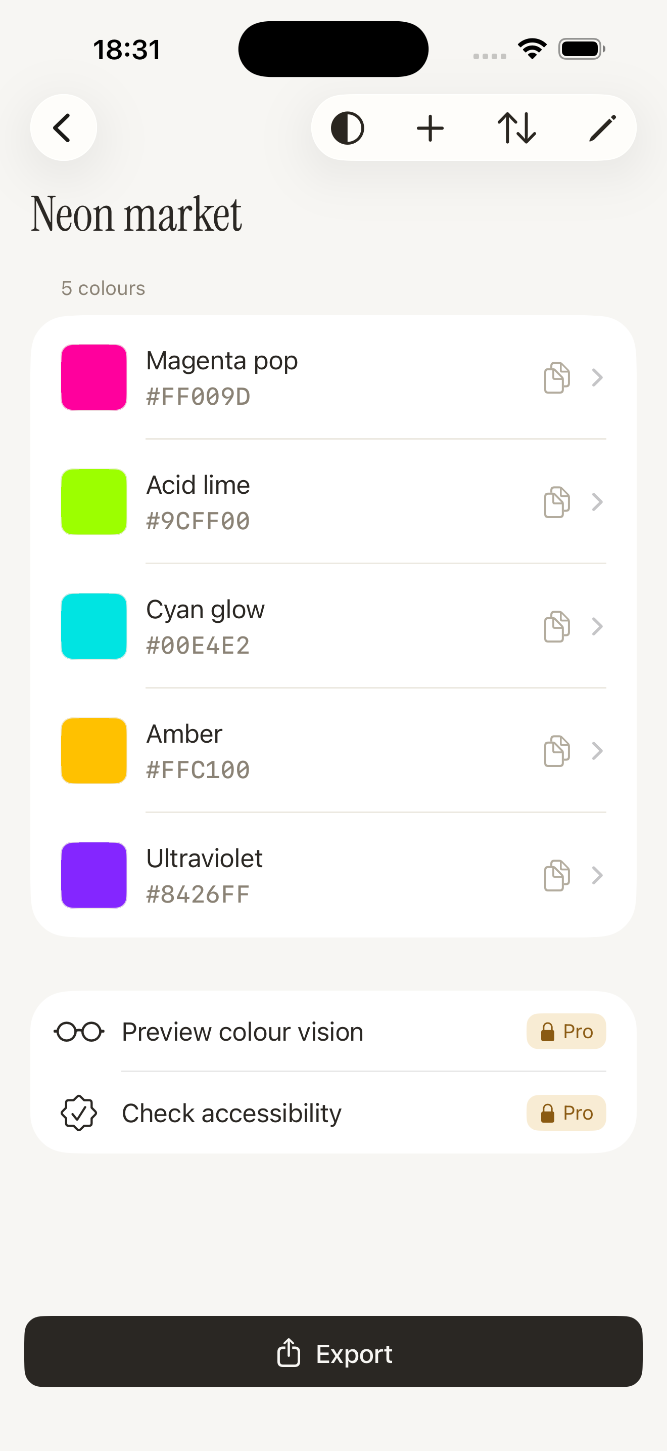 Palette detail with swatch rows and hex values