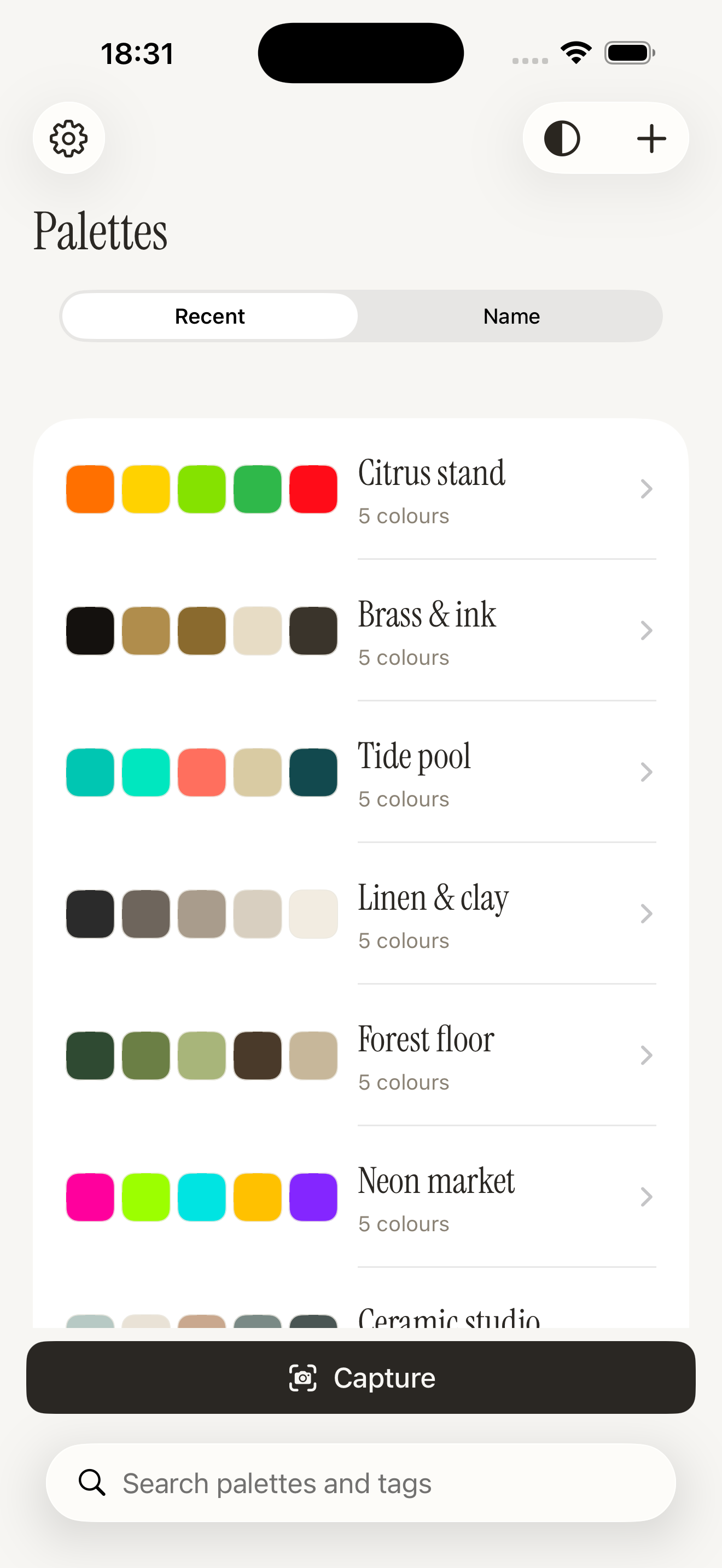 Palette library showing saved colour palettes