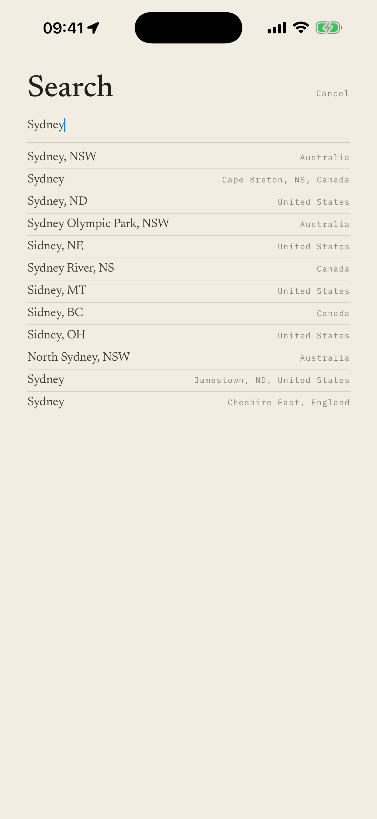The city search sheet showing town and city results