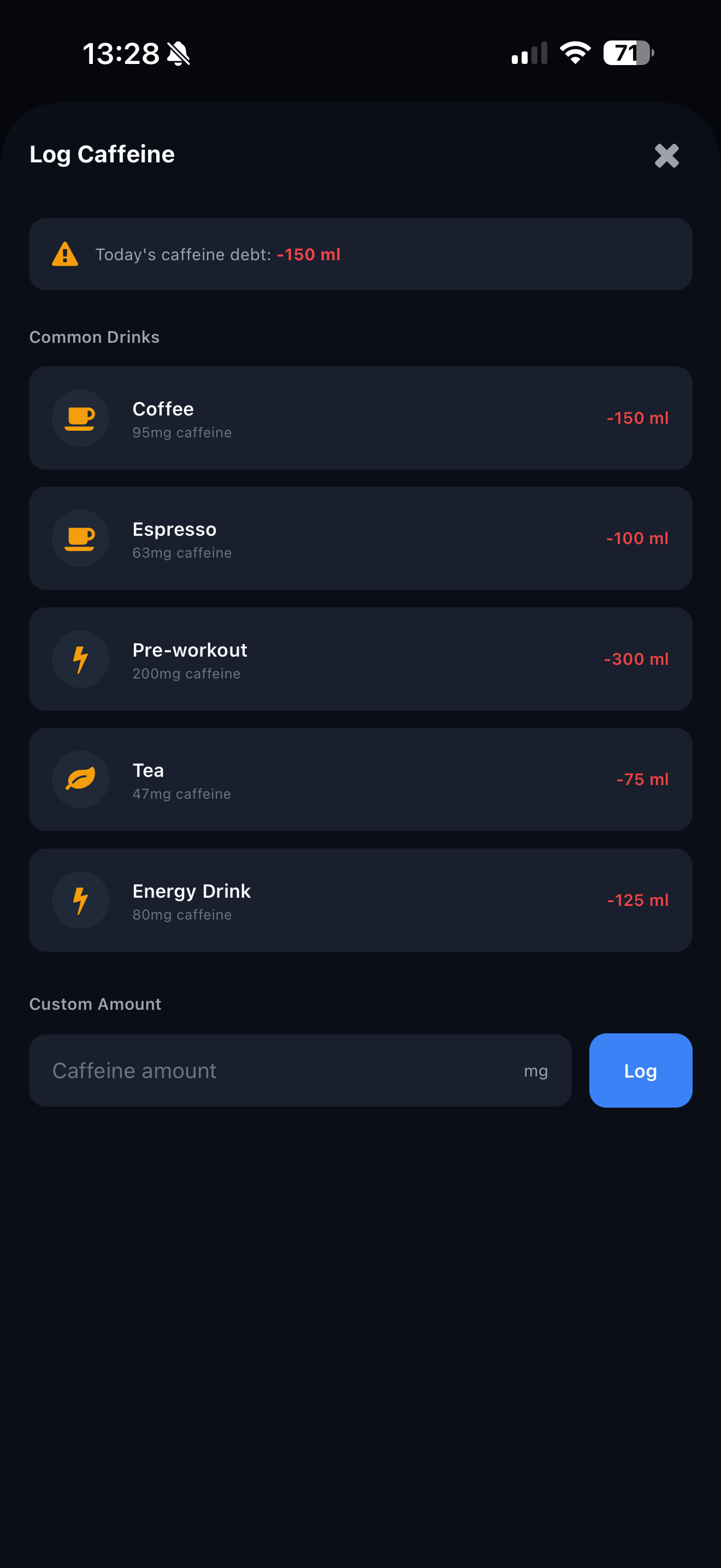 Log caffeine intake screen