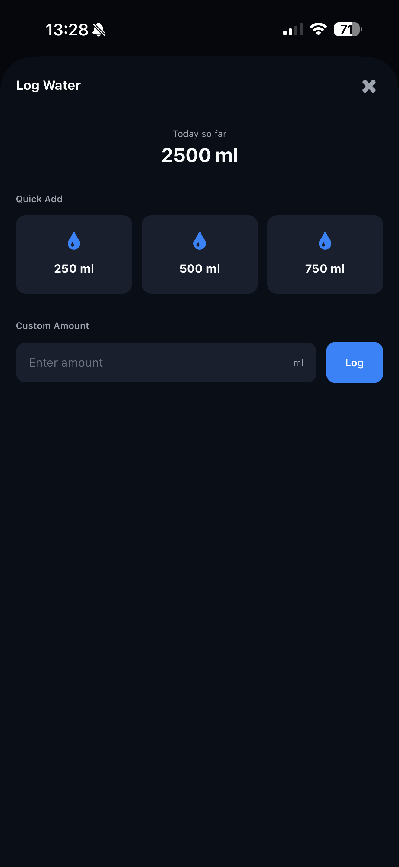 Log water intake screen
