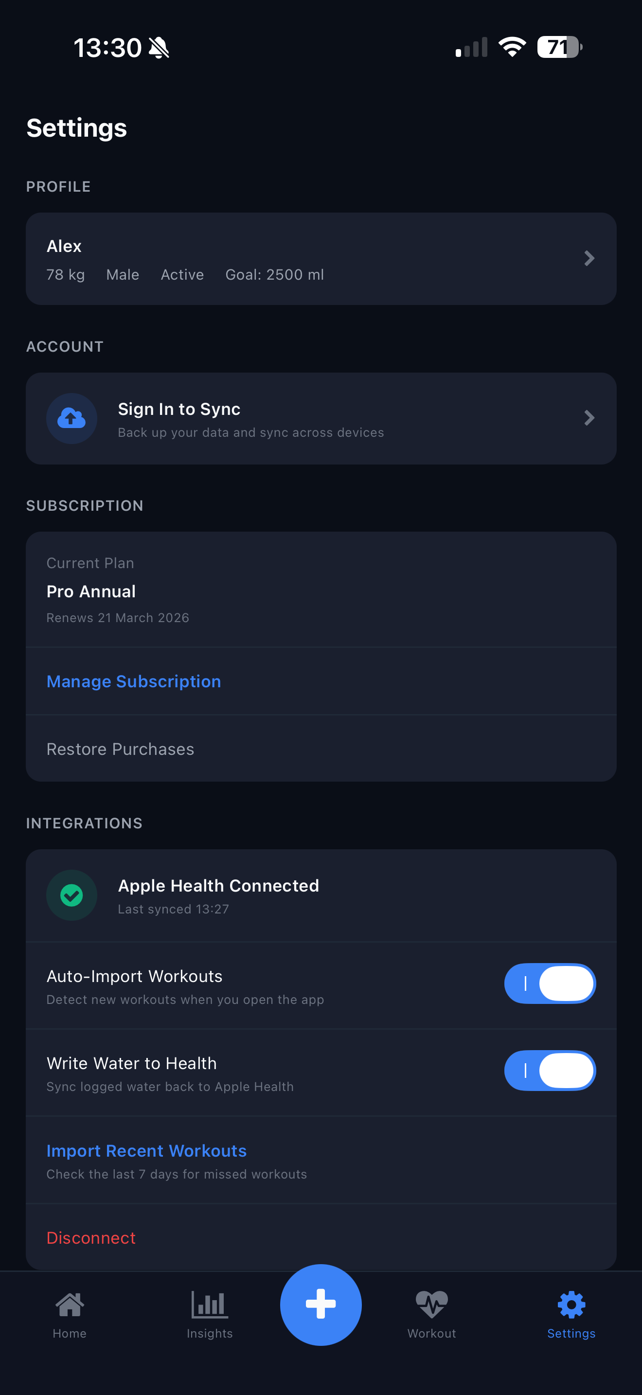 Settings and profile screen