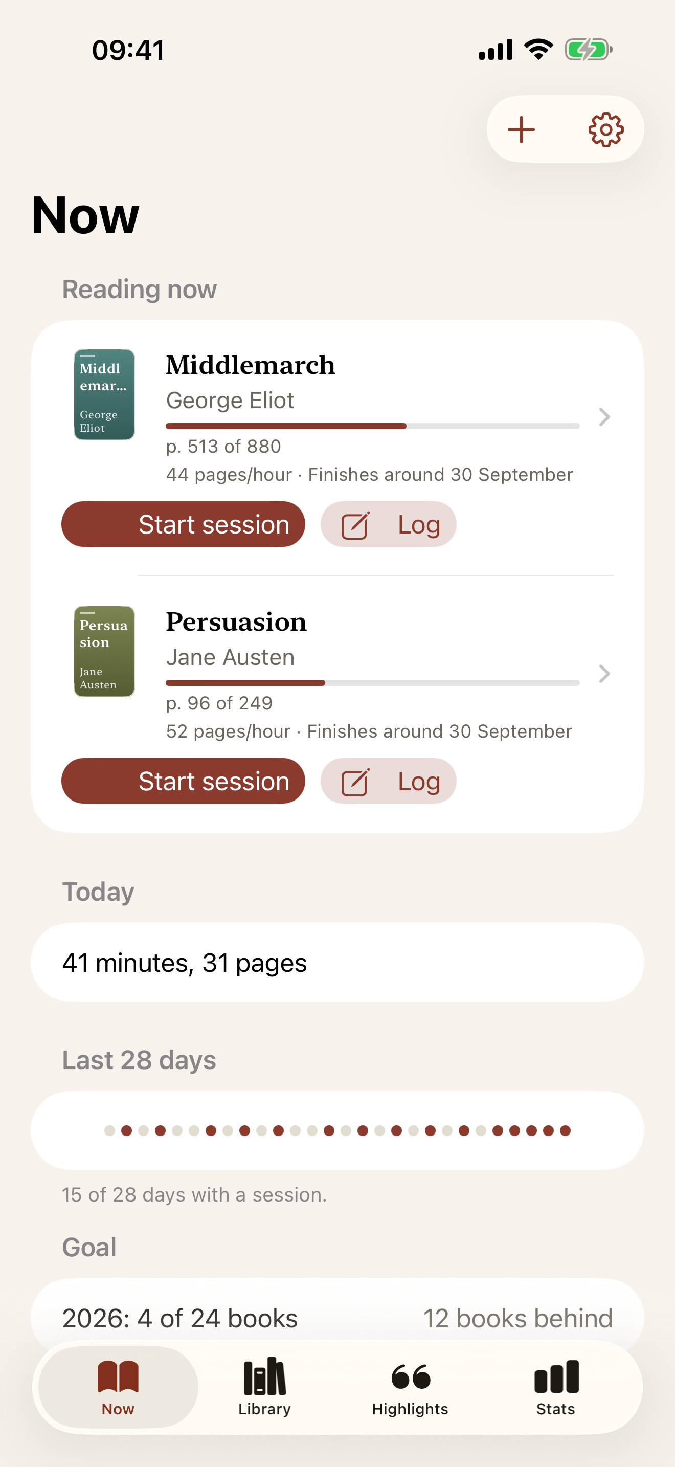 The Now tab: two books on the go with progress bars, pace and a projected finish date, today's minutes and pages, and 28 dots for the last 28 days