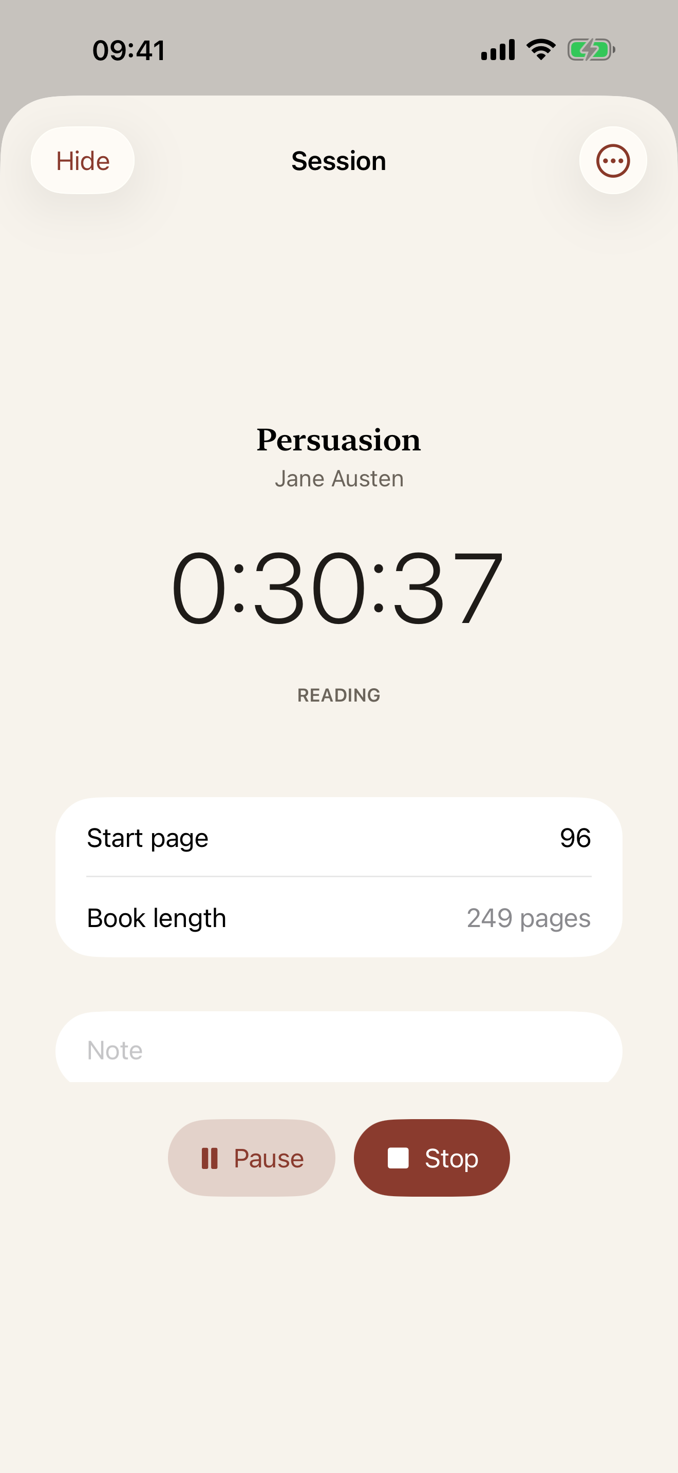 The session timer thirty minutes into a sitting, with the start page and Pause and Stop buttons