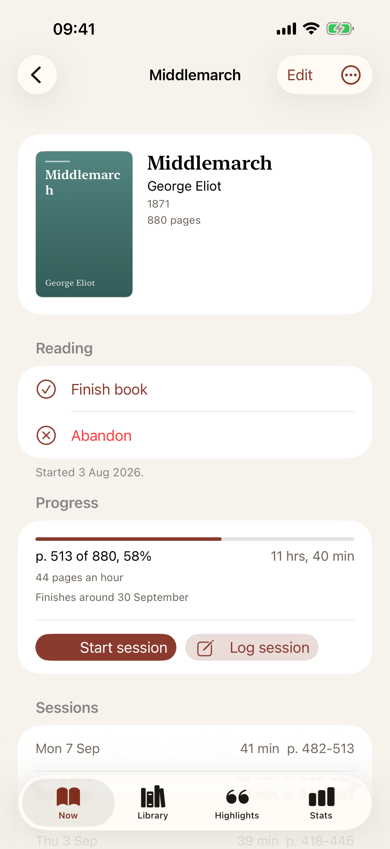 A book's page: cover, details, progress, the list of sessions and the highlights kept from it