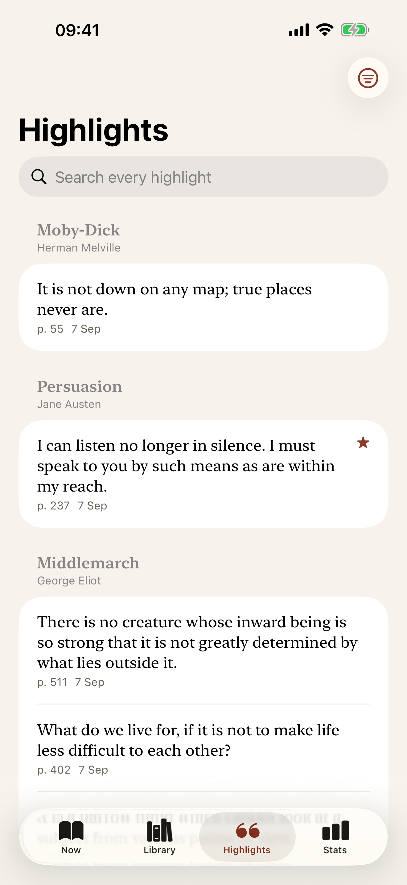 The Highlights tab, passages grouped by book with page numbers