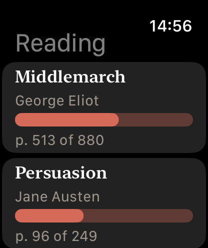 Omnibus on Apple Watch, listing the books on the go with progress