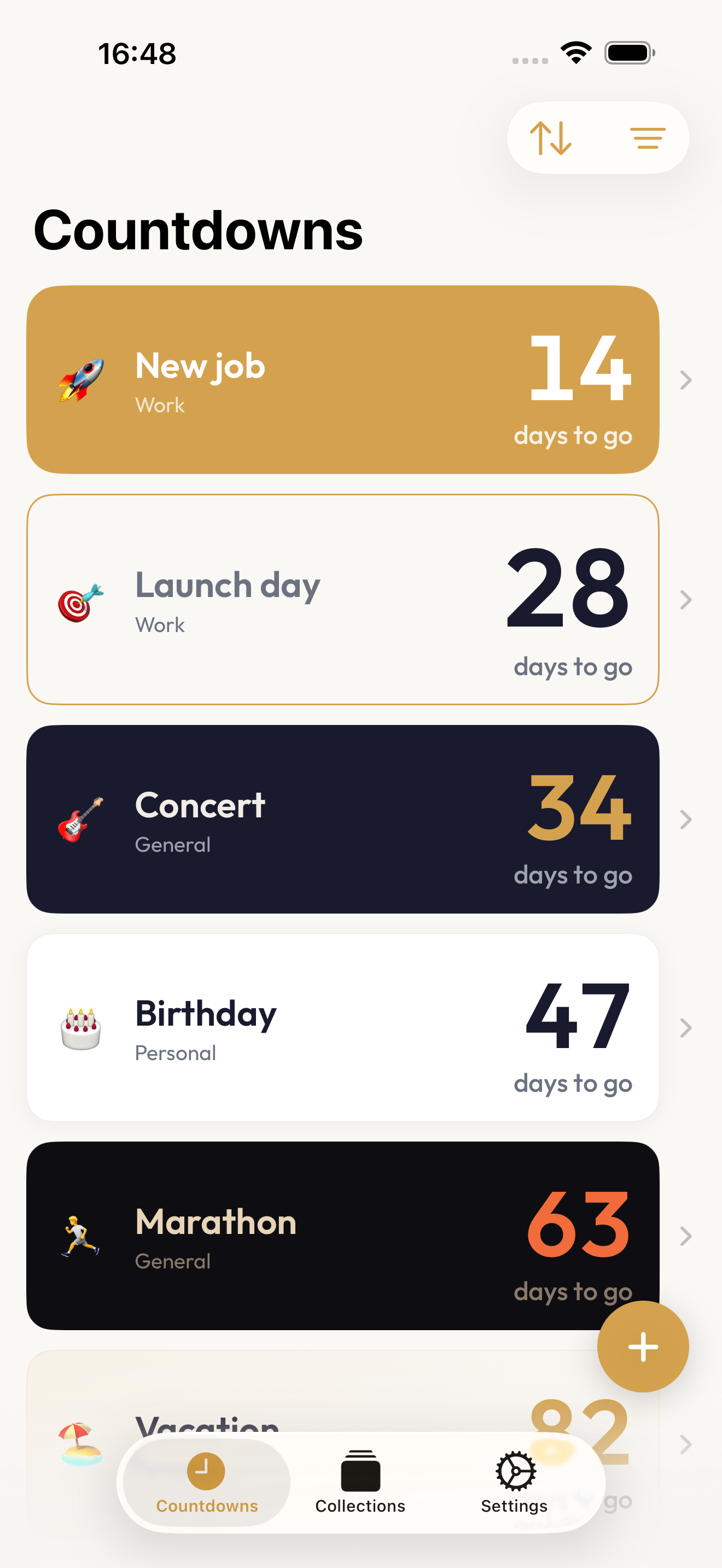 Home tab with a list of countdowns