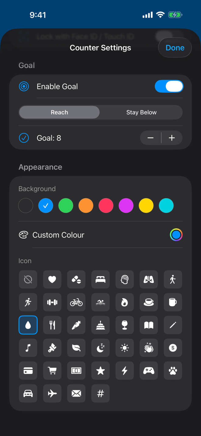 Appearance settings with colour swatches, a custom colour wheel, and the icon picker