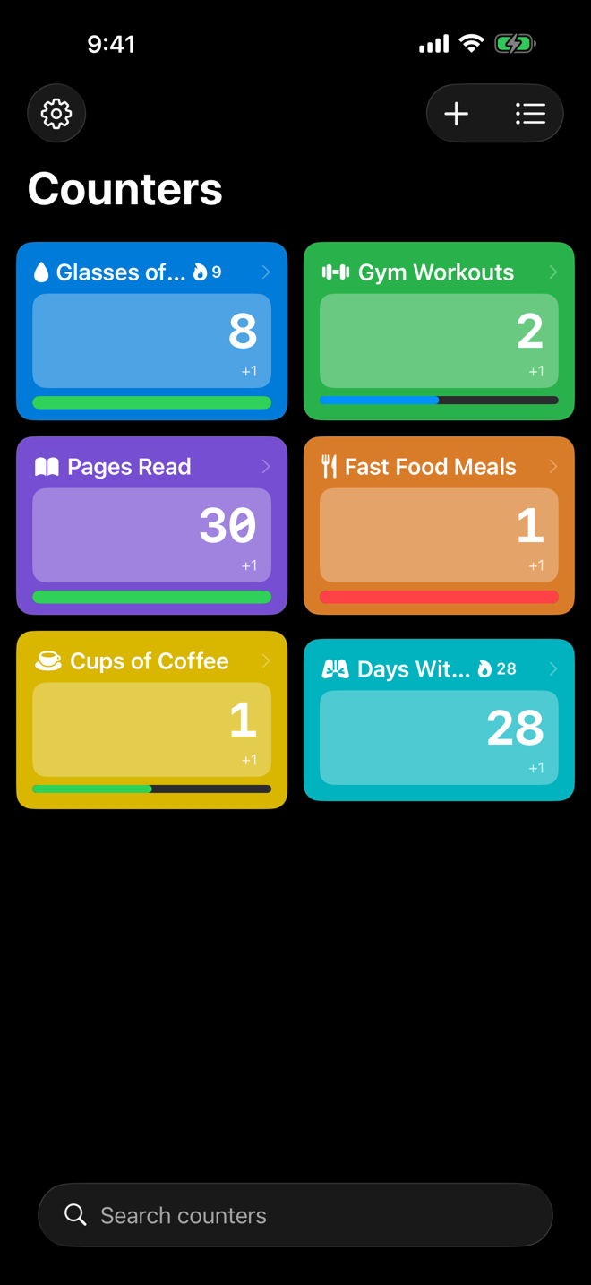 Counters shown as a two-column grid of cards