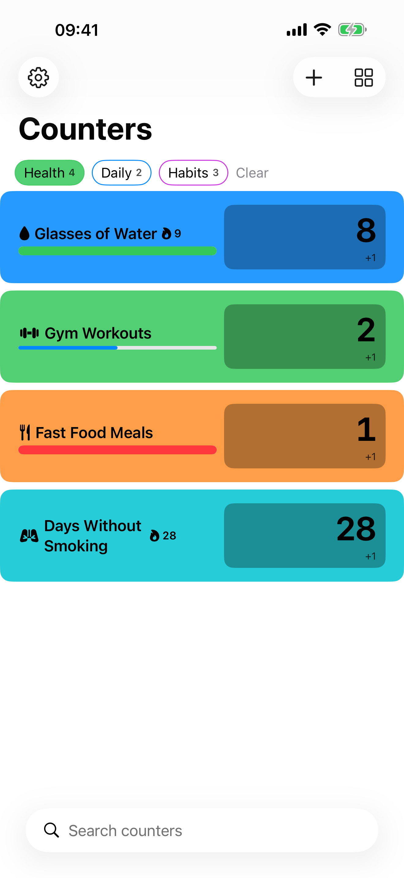 The counter list filtered by tags, with coloured tag chips above the counters