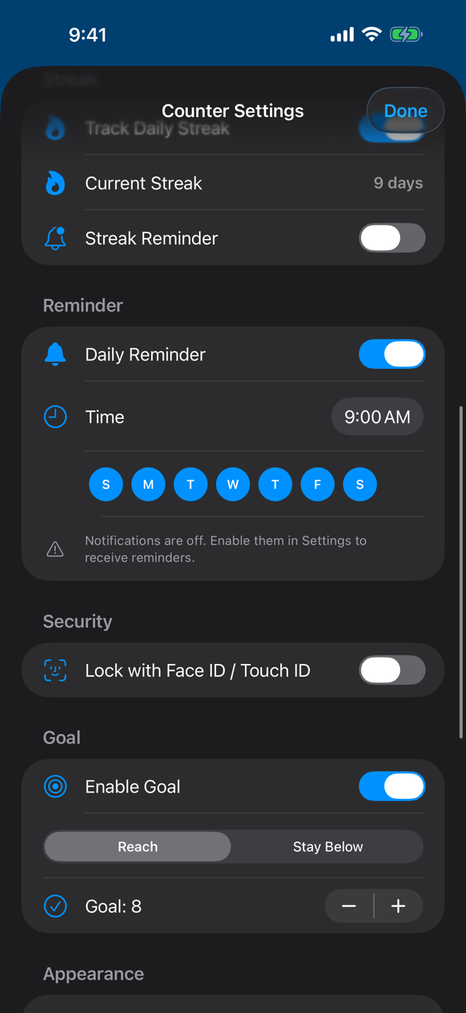 Reminder settings with a time picker and weekday selector