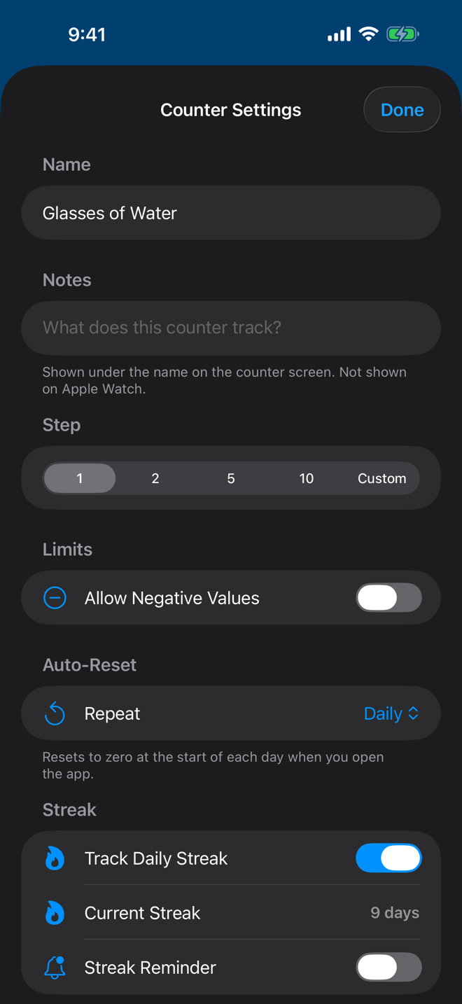 Counter settings showing the Notes field, the daily auto-reset rule, and streak options