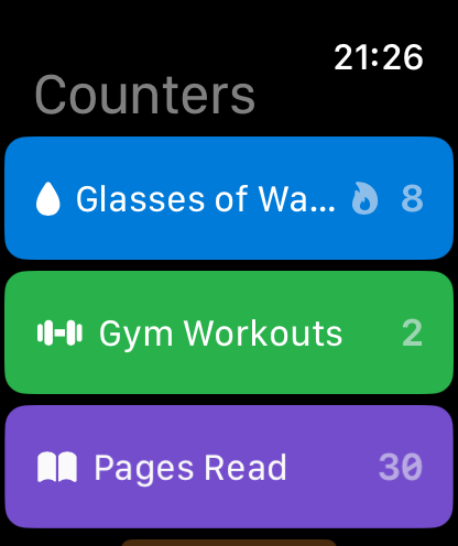 Apple Watch counter list with icons and colours