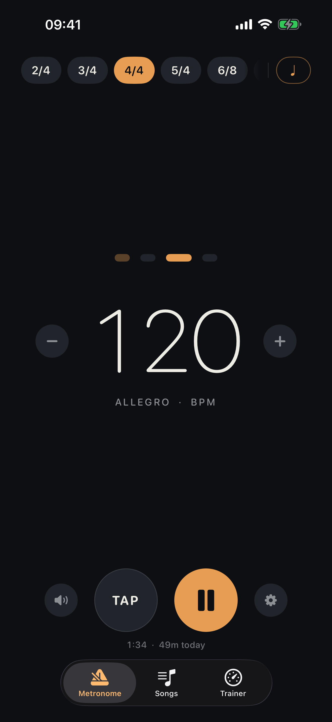 Tock's metronome screen at 120 BPM in 4 4, with the beat row above the tempo and the transport below