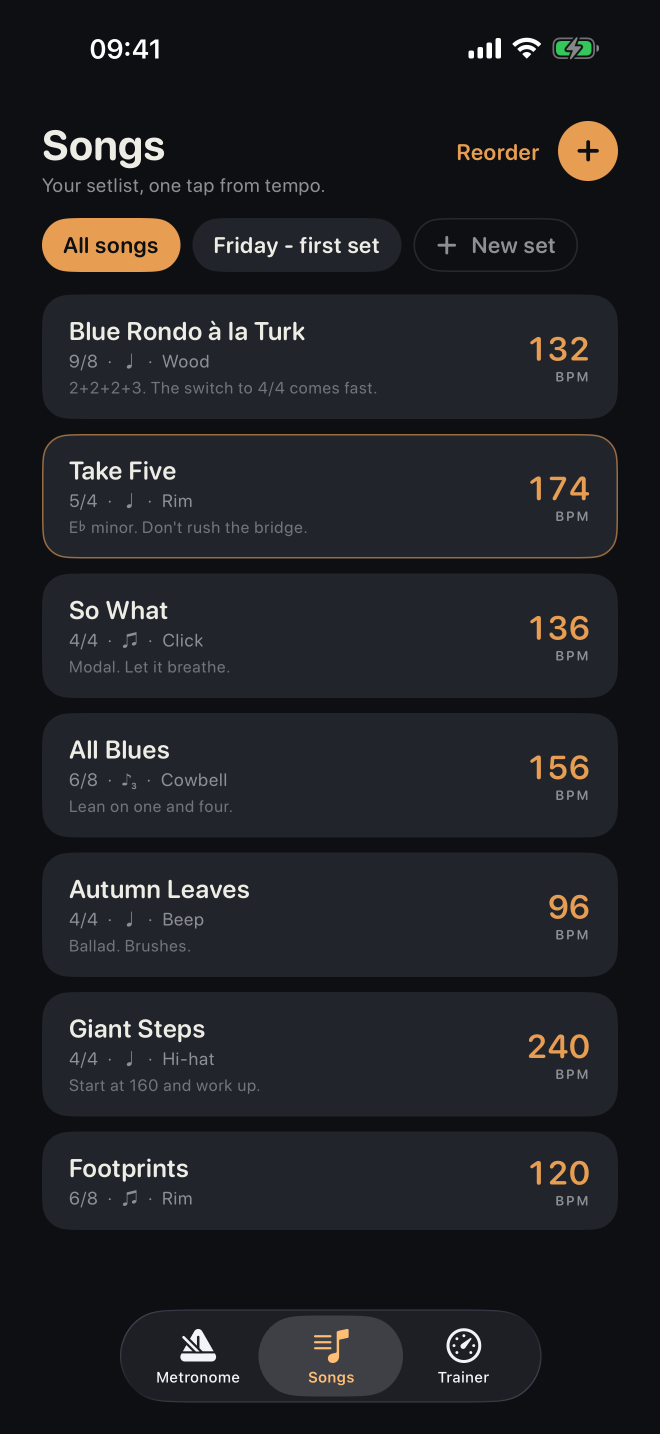 The Songs screen listing saved songs with their tempos, time signatures and notes