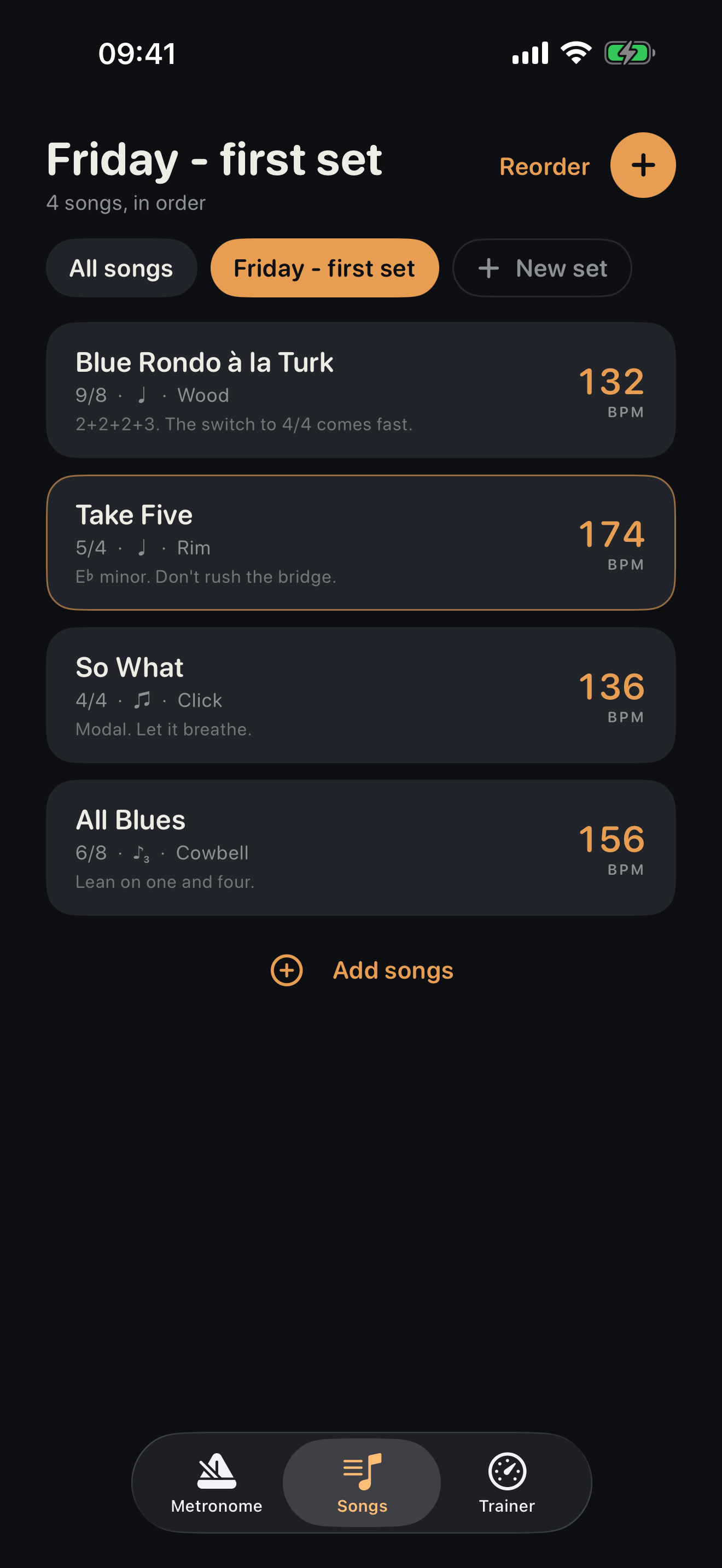 A named set showing its songs in running order