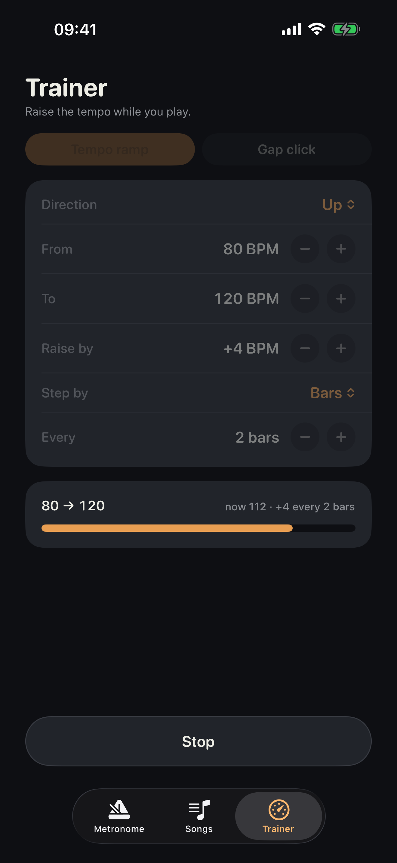 The Trainer screen running a tempo ramp from 80 to 120 BPM, plus 4 every 2 bars, with a progress bar