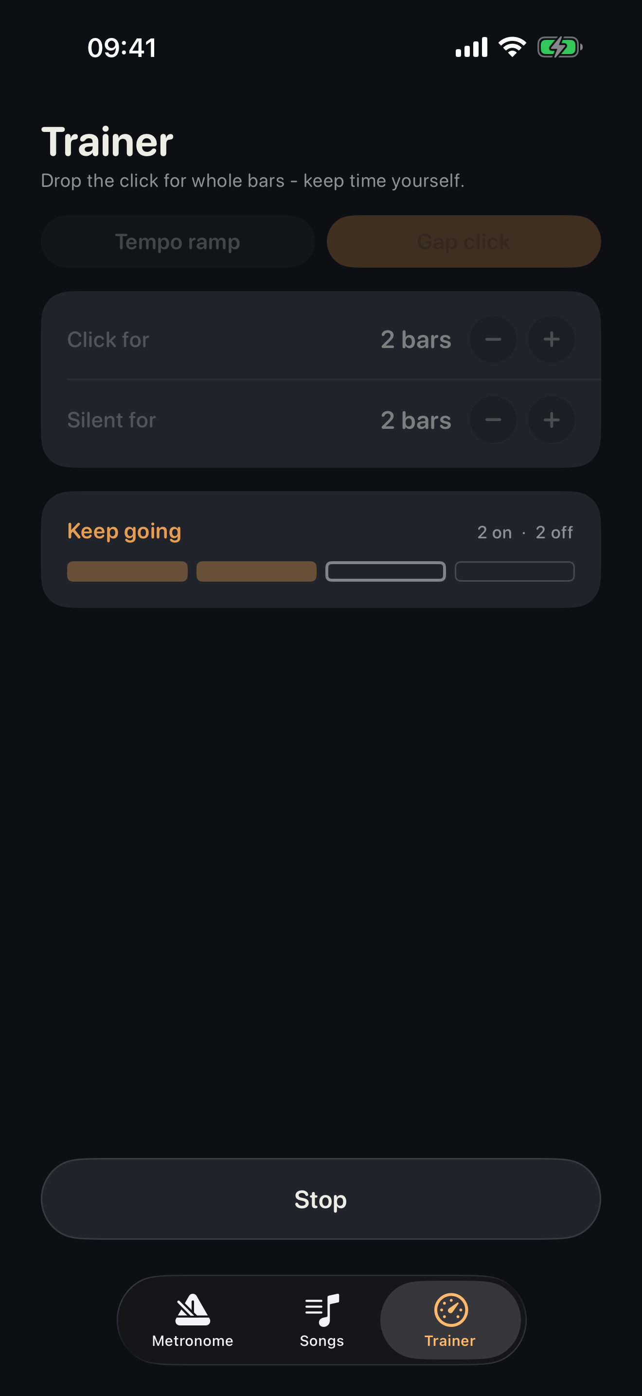 The Trainer screen running gap click, with the heard and silent bar counts and a cycle indicator