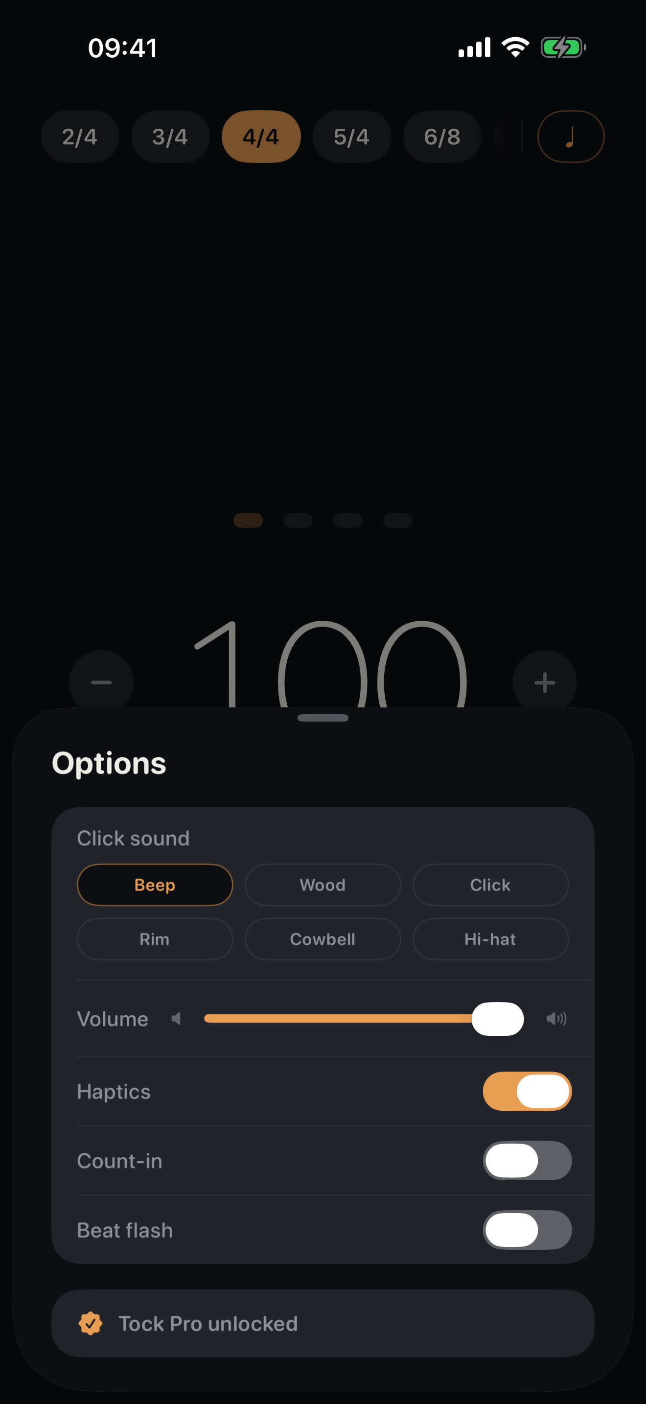 The options sheet showing the six click voices, the volume slider and the haptics switch