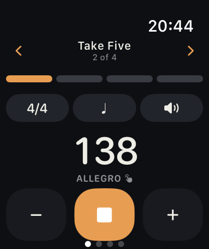 Tock on Apple Watch, showing the tempo, the beat row and the transport