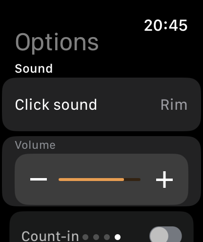 Watch options, showing the haptic chosen for the downbeat and the one for the other beats